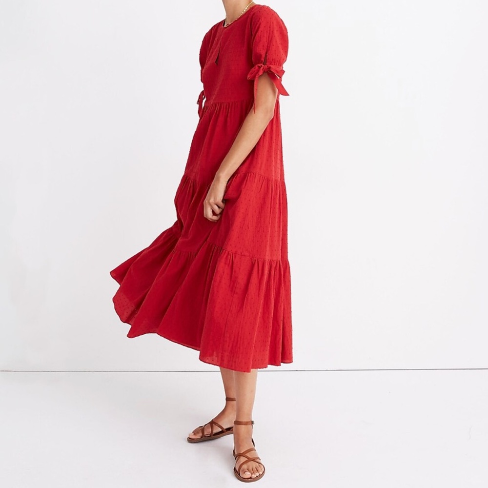 Madewell Tie-Sleeve Tiered Midi Dress in Swiss Dot